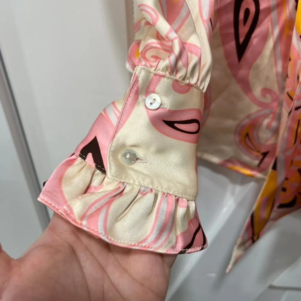 Julie Brown NYC Womens Blouse Small Funky Hippie Disco Bow Tie Flare Pink Orange
